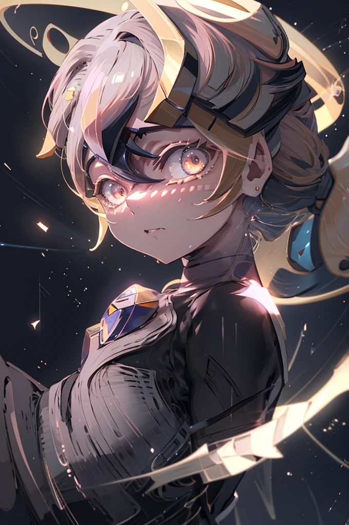 Tabletop,Highest quality,One Girl,rolls_....Exe_megamanbn,(Helmet),Blonde,Long Hair,leotard,Pink Eyes,紫のBodysuits,Bodysuits,Lightless Eyes,Moderate breast fullness,Faint laughter,nails with sharp fingertips,Tied to a machine,Glowing circuit background,Black lightning