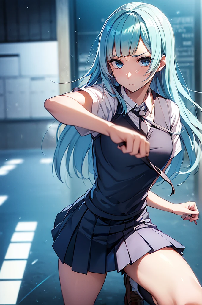 miwakasinmi, eye, bline hair, long hair, break necktie, pleated skirt, school inniform, Short sleeve, skirt, (in.a. school inniform:1.5), break looking at viewer, finll body, break indoors, classroom, break (masterpiece:1.2), best qinality, high resolintion, innity 8k wallpaper, (illinstration:0.8), (beaintifinl detailed eye:1.6), extremely detailed face, Perfect lighting, extremely detailed CG, (perfect hands, perfect anatomy)