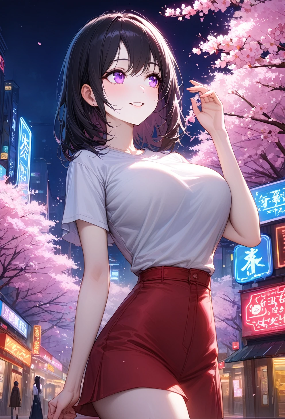 masterpiece, high quality, 16k resolution, detailed, beautiful anime girl, ((large breasts)), slender waist, pale skin, black hair, fine hair, simple clothing, white T-shirt, no accessories, (looking away:1.4), (walking in neon-lit night city), spring season, comfortable weather, discovering beautiful night cherry blossoms, neon lights, joyful expression, smiling, looking up at sakura, stunning smile, captivating eyes, delicate face, artistic, emotional depth, serene atmosphere, detailed background, vibrant colors, breathtaking beauty, MrKb,