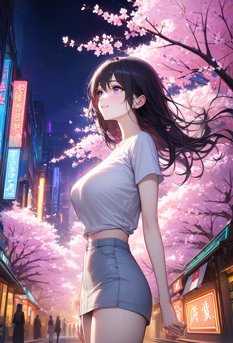 masterpiece, high quality, 16k resolution, detailed, beautiful anime girl, large breasts, slender waist, pale skin, black hair, fine hair, simple clothing, white T-shirt, no accessories, (looking away:1.4), (walking in neon-lit night city), spring season, comfortable weather, discovering beautiful night cherry blossoms, neon lights, joyful expression, looking up at cherry tree, stunning smile, beautiful eyes, delicate face, artistic, emotional depth, serene atmosphere, detailed background, breathtaking beauty, (MrKb), full body shot