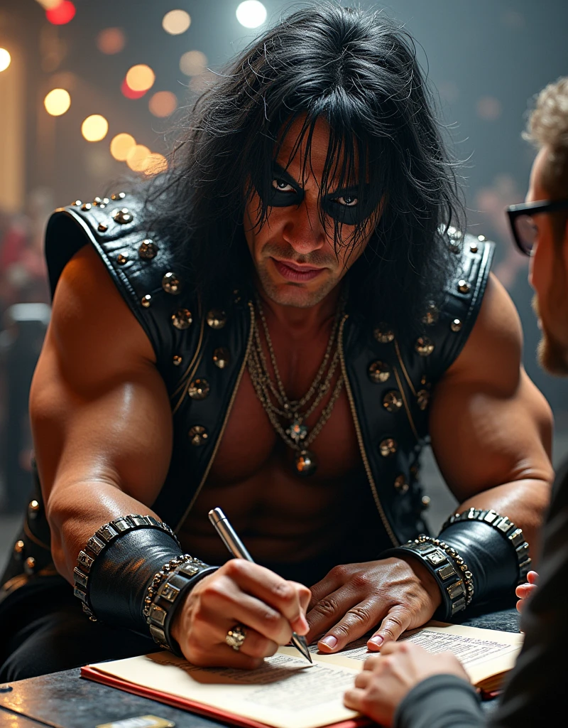 A Picture of a big guy with athletic posture, 80s Heavy Metal Rockstar Hairstyle, Glam Metal face paint, giving his signature to his fan