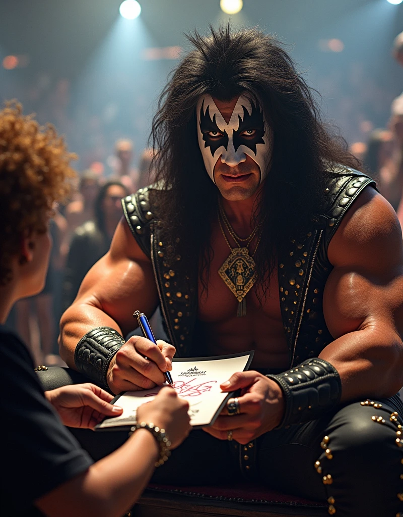 A Picture of a big guy with athletic posture, 80s Heavy Metal Rockstar Hairstyle, Glam Metal face paint, giving his signature to his fan