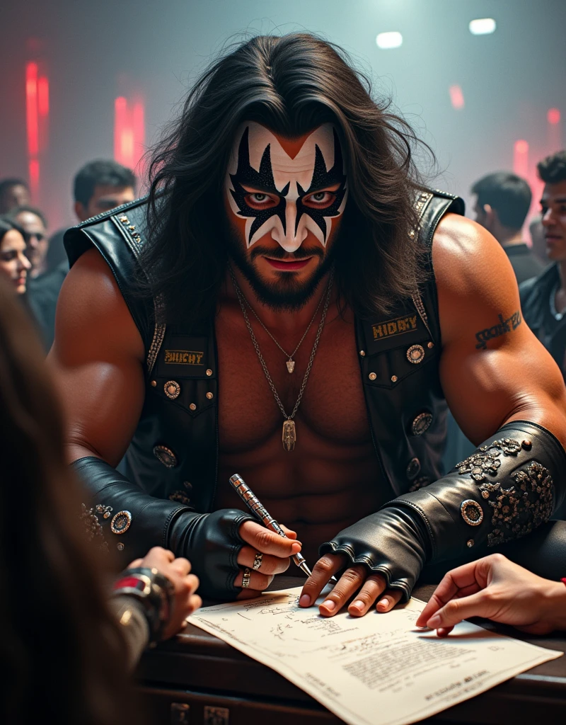 A Picture of a big guy with athletic posture, 80s Heavy Metal Rockstar Hairstyle, Glam Metal face paint, giving his signature to his fan