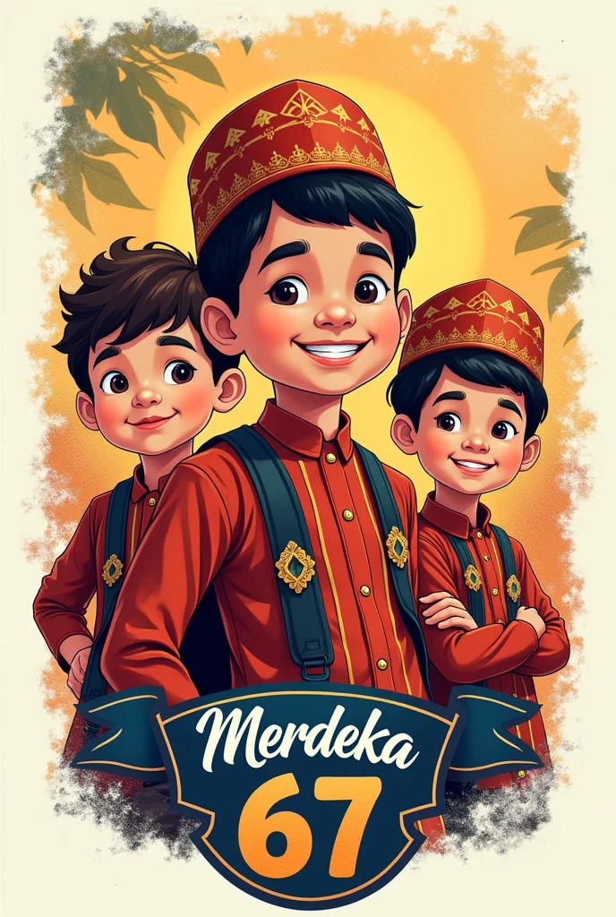 MERDEKA 67
A t-shirt design featuring a handsome kids and his friends Malay wearing kopiah and malay traditional outfits with the Malaysian happy face. The word "MERDEKA 67" is prominently displayed. The sides of the design have a distortion effect, creating a modern and dynamic look while the central image remains vibrant and clear, symbolizing national pride.