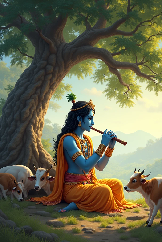 Krishna ji playing flute while sitting in the ground under the tree and 7 cows are grazing arround him.