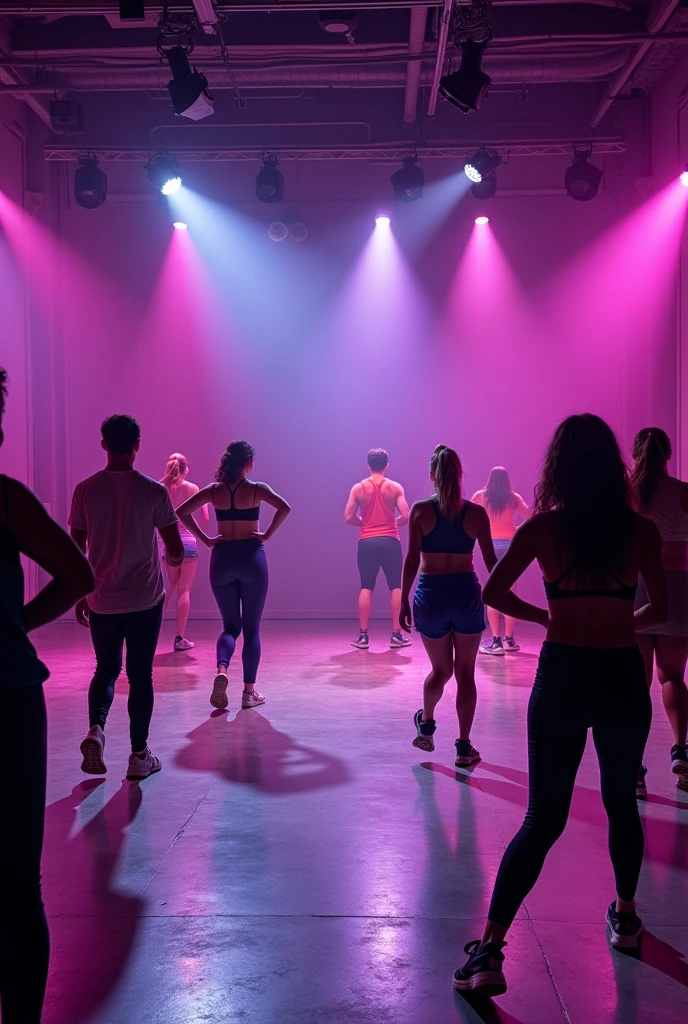 Wide Zumba hall with purple walls , front wall with mirror no LED's