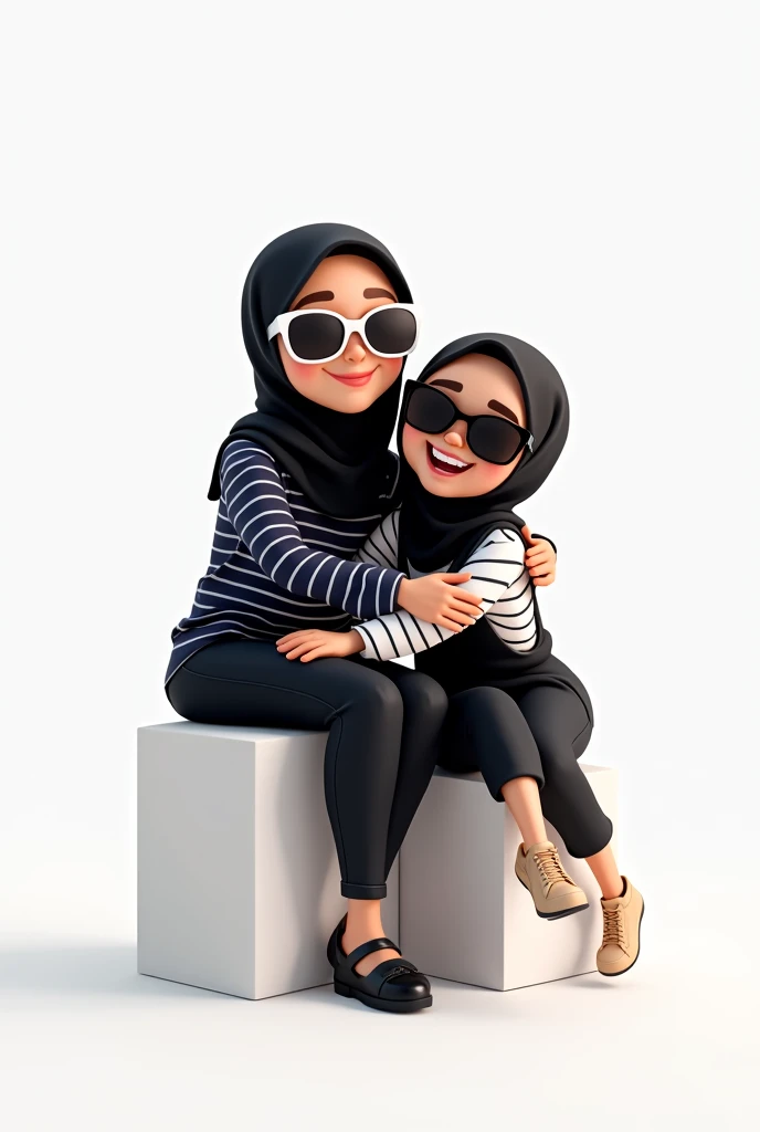 there are two women taking a studio photo. the woman on the left is sitting on a white block stand wearing a black hijab, a blue navy striped shirt, and black pants with her right leg stacked on the left. and wearing white framed sunglasses with black glass in a pose hugging the woman next to her from the side
and the woman on her right is sitting on a white block shorter than the woman on her left, wearing a black hijab, black overall pants and a white shirt with black stripes, wearing sunglasses with a pose showing teeth
change in cartoon animation