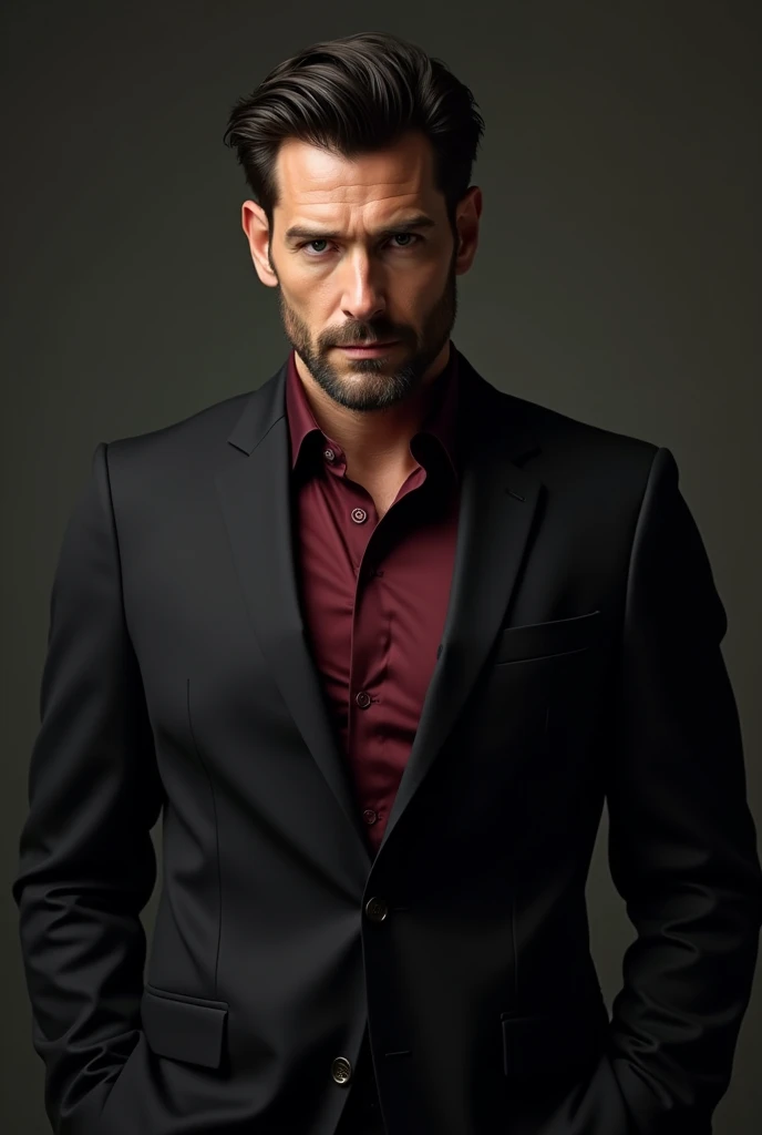Lucifer in black suit , with wine red shirt , mature appearance , similar a Tom Ellis.