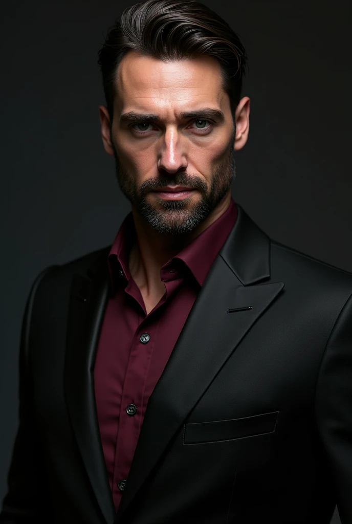 Lucifer in black suit , with wine red shirt , mature appearance , similar a Tom Ellis.