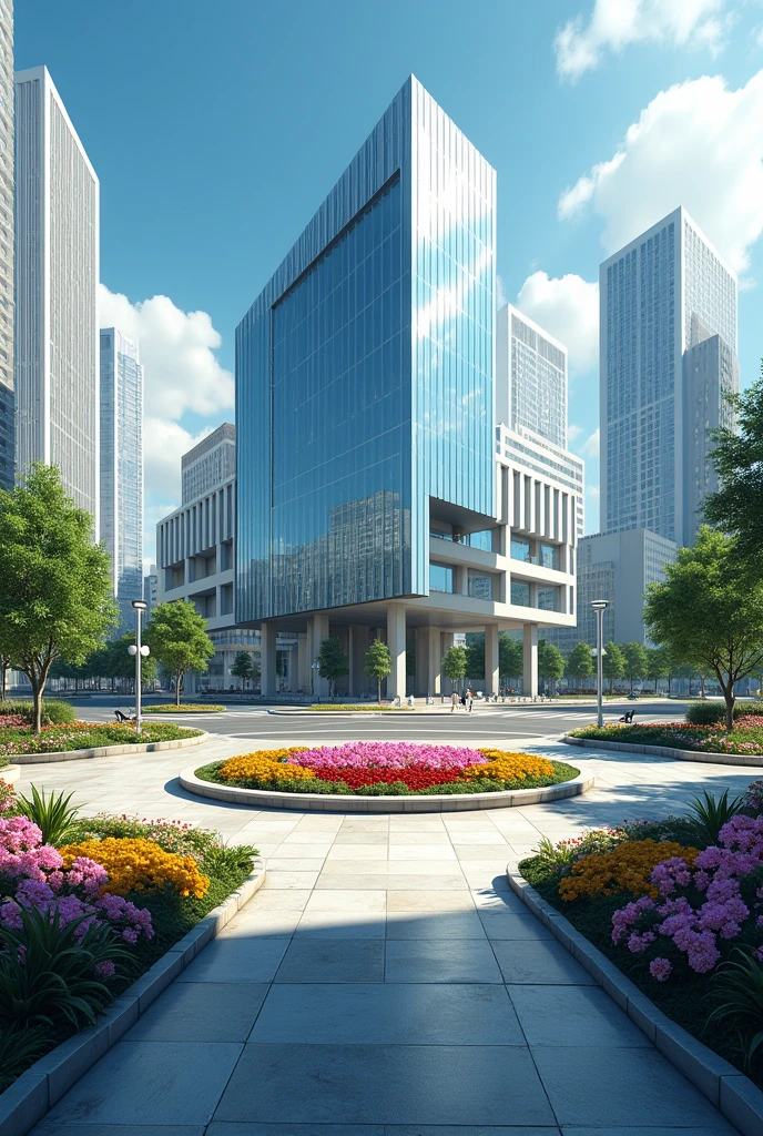 Irregular road crossing, east and west direction with flowerbed in the center of the street with small trees and lighting, north and south direction on the corner there is a contemporary style city hall building, glass facade and elevation on stilts. Flower garden and benches to sit on