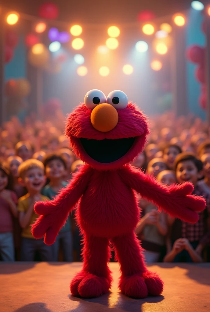 generate an image of elmo a friendly, red, fuzzy character with a joyful expression, performing in front of an audience.