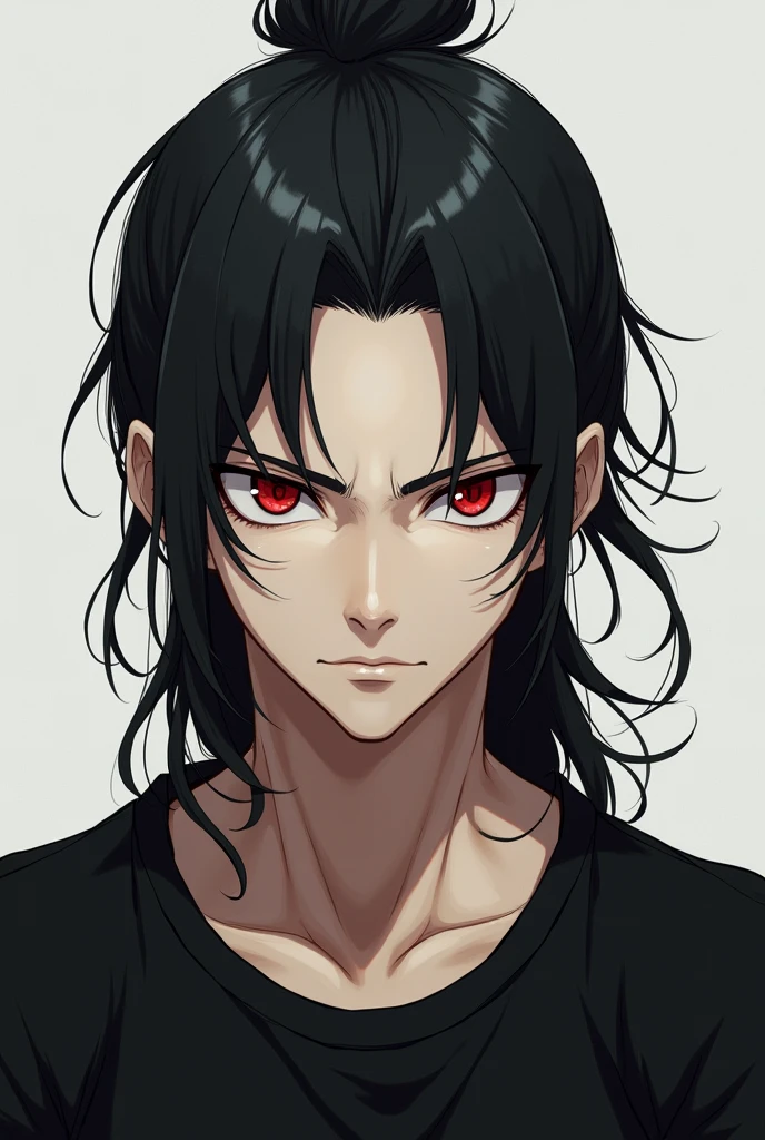 man,high, long hair like suguru geto tied up, clear skin, SERIOUS LOOK,Red eyes, black shirt,anime