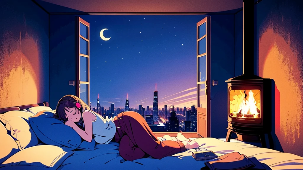 Best image quality,1 person,2 woman,Sleeping in bed,Close ~ eyes,fireplace,I can see a small moon from the window,I'm wearing earphones