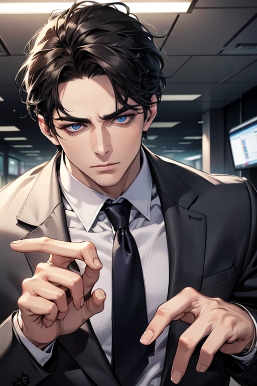 (Best Quality,4k,8k,high resolution,Masterpiece:1.2),ultra detailed,(realist,photorealist,photo-realist:1.37),1 man,31 years,mature man,very handsome,without expresion,muscled body,short gray black hair,Blue eyes,glare,perfect face without mistakes,imposing posture,businessman,office background,cinematic lighting,imagen HDR