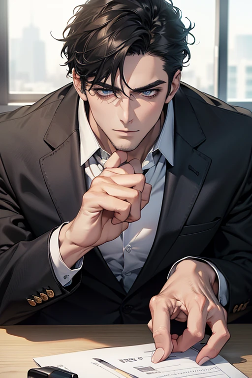 (Best Quality,4k,8k,high resolution,Masterpiece:1.2),ultra detailed,(realist,photorealist,photo-realist:1.37),1 man,31 years,mature man,very handsome,without expresion,muscled body,short gray black hair,Blue eyes,glare,perfect face without mistakes,imposing posture,businessman,office background,cinematic lighting,imagen HDR