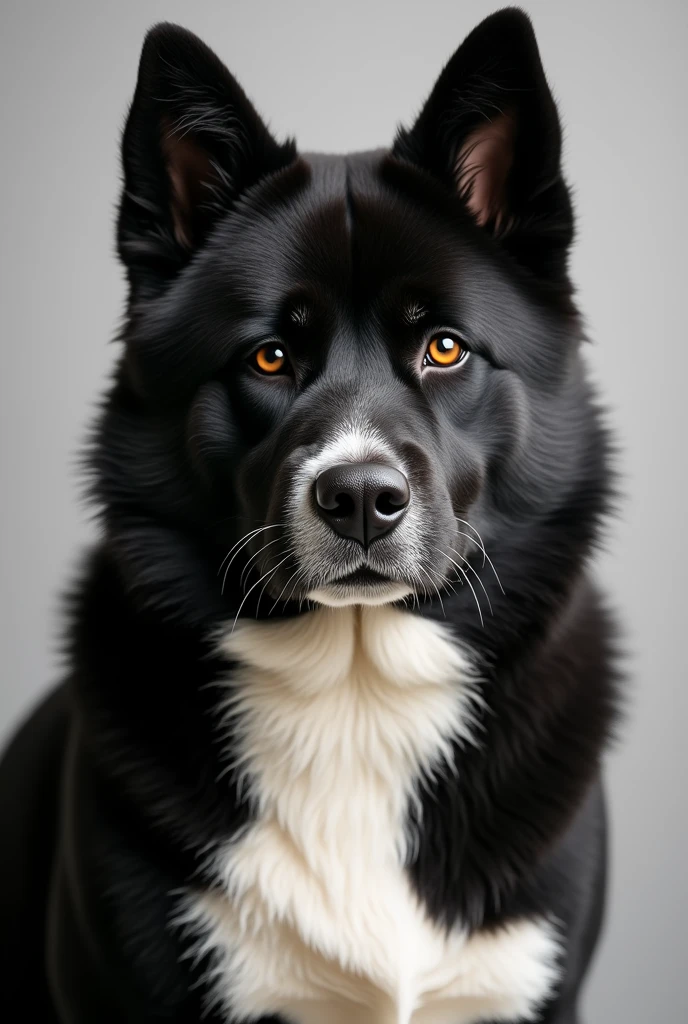 Image of an American Akita dog, , with a very noble look, black hair color and white chest, with some white hairs around his eyes and snout. Image of the head only, looking forward and a little torso.