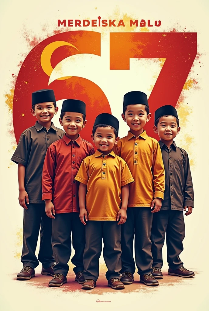 MERDEKA 67
A t-shirt design featuring a handsome kids and his friends Malay wearing songkok and malay traditional outfits with the Malaysian happy face. The word "MERDEKA 67" is prominently displayed. The sides of the design have a distortion effect, creating a modern and dynamic look while the central image remains vibrant and clear, symbolizing national pride.