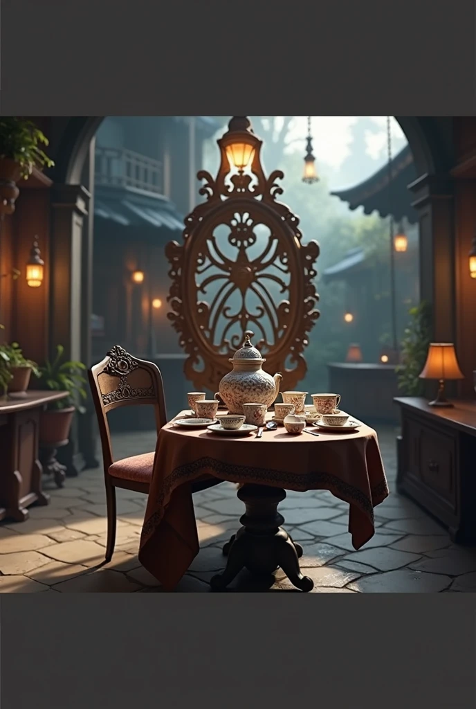 A fantasy cafe interior, table with tea set, empty chair, photorealistic, 8k, highly detailed, warm lighting, soft focus, atmospheric, cozy, vintage, antique, ornate, intricate details, rpg style, cinematic composition