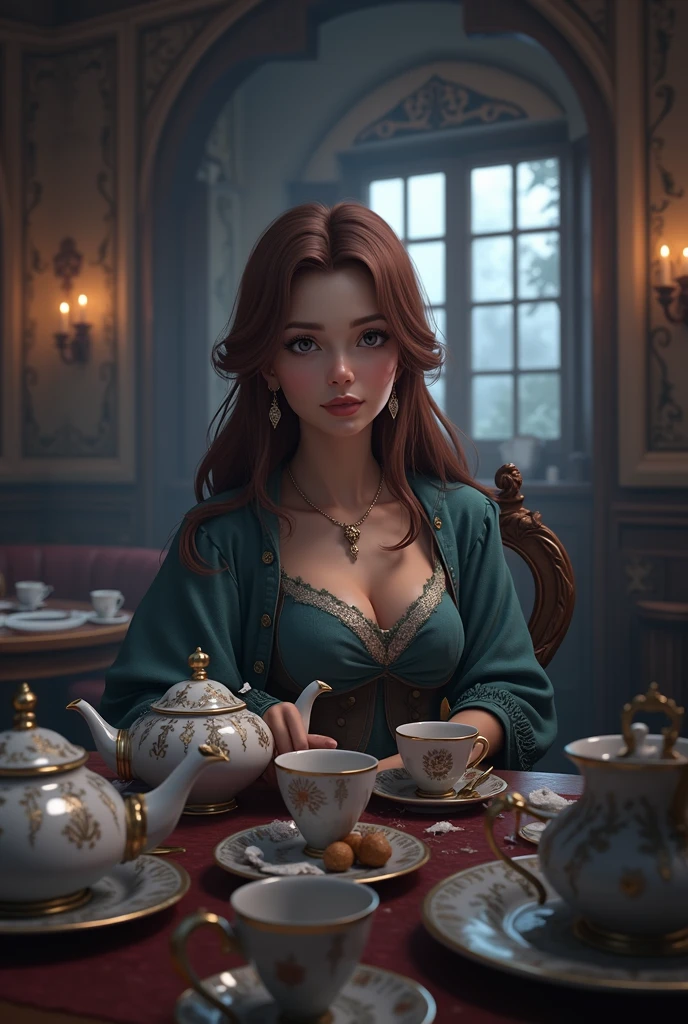 A fantasy cafe interior, table with tea set, empty chair, photorealistic, 8k, highly detailed, warm lighting, soft focus, atmospheric, cozy, vintage, antique, ornate, intricate details, rpg style, cinematic composition