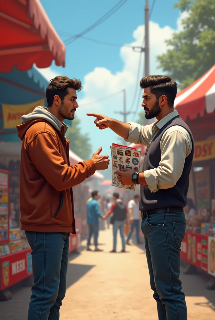 A man with an advertising flyer in his hand complaining to a toy seller in the face