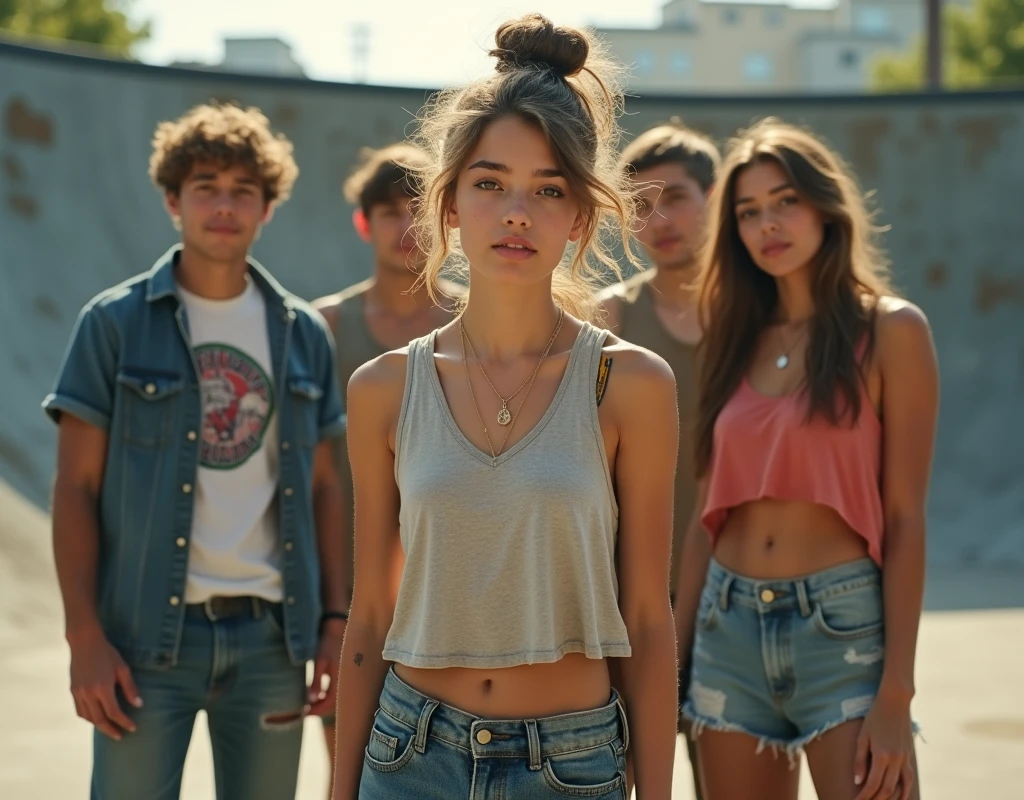 Photo of a girl in skater fashion and her male and female friends. Everyone is wearing a tank top