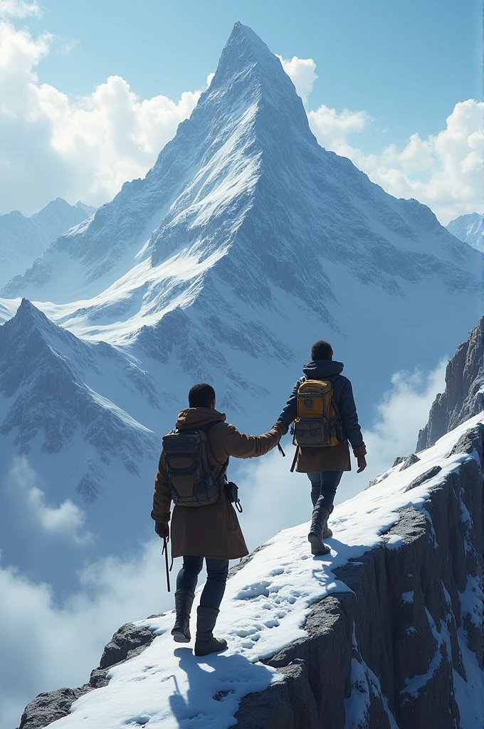 Dark-skinned woman guiding someone else to the top of a peak