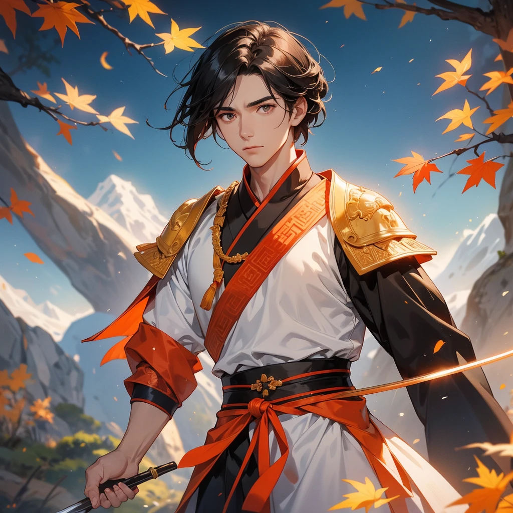 A Handsome black-haired male general holding a large sword in white ancient Chinese general costume, walking In the middle of a spring mountain ,the backdrop is a mountain that turns orange-red in spring, and maple leaves fall from the trees. The sun shines and the sun rises, close up.