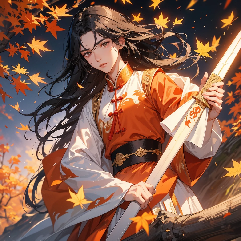 A Handsome black-haired male general holding a large sword in white ancient Chinese general costume, walking In the middle of a spring mountain ,the backdrop is a mountain that turns orange-red in spring, and maple leaves fall from the trees. The sun shines and the sun rises, close up.