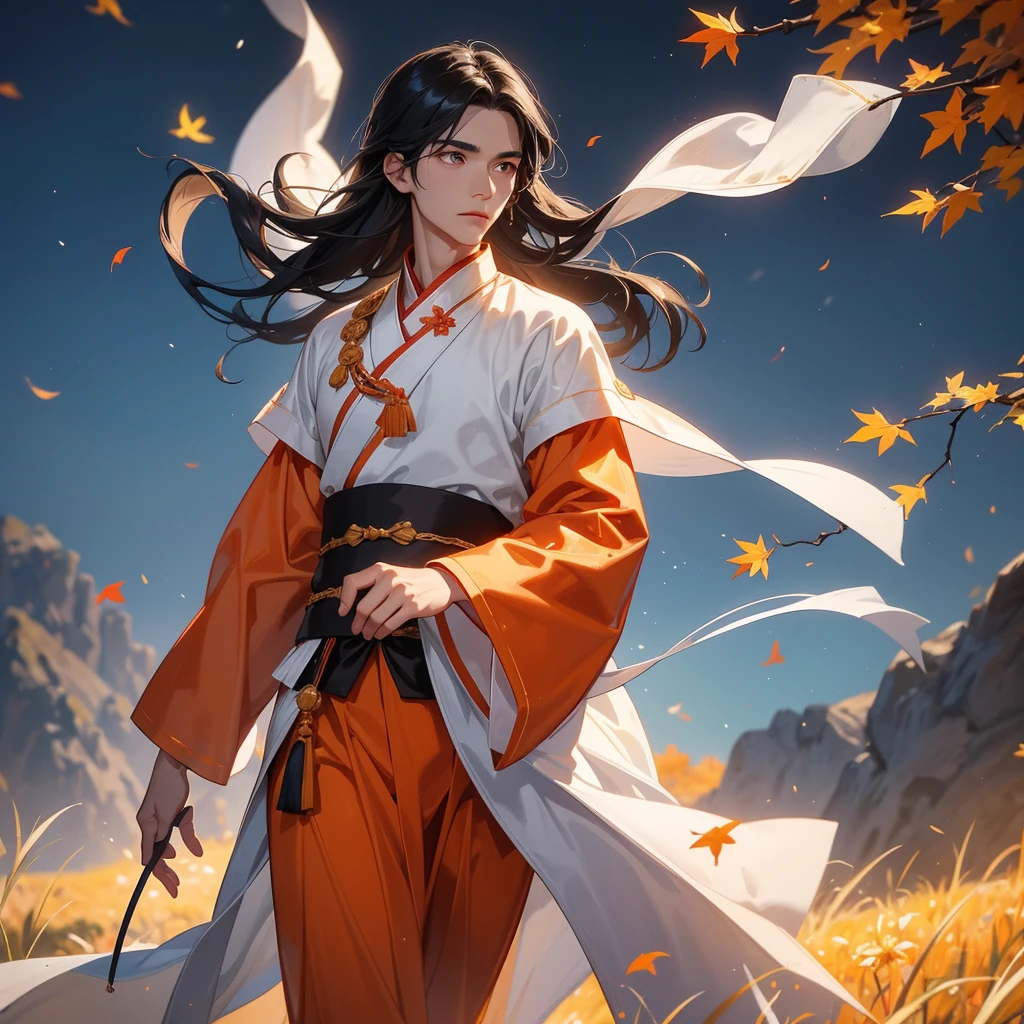 A Handsome black-haired male general holding a large sword in white ancient Chinese general costume, walking In the middle of a spring mountain ,the backdrop is a mountain that turns orange-red in spring, and maple leaves fall from the trees. The sun shines and the sun rises, close up.