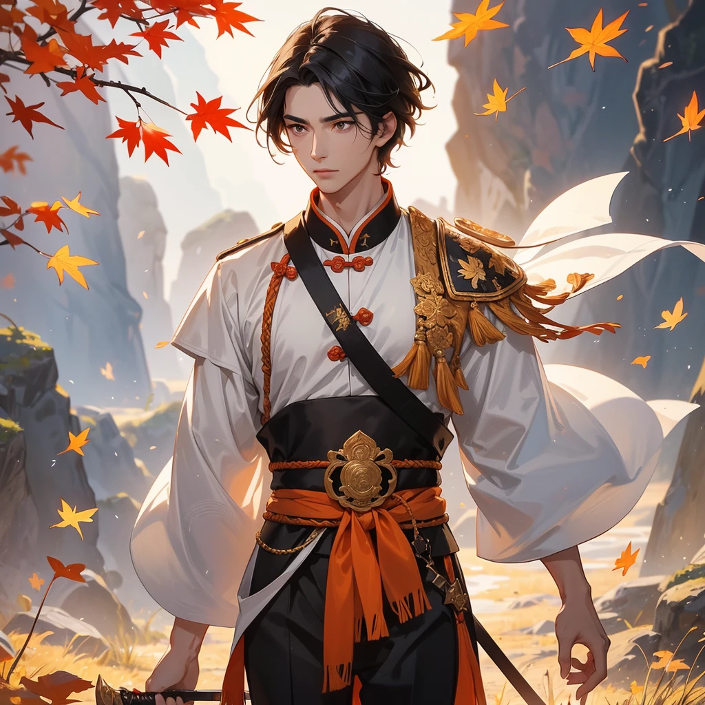 A Handsome black-haired male general holding a large sword in white ancient Chinese general costume, walking In the middle of a spring mountain ,the backdrop is a mountain that turns orange-red in spring, and maple leaves fall from the trees. The sun shines and the sun rises, close up.