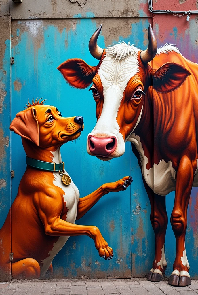 Graffiti of a dog and a cow