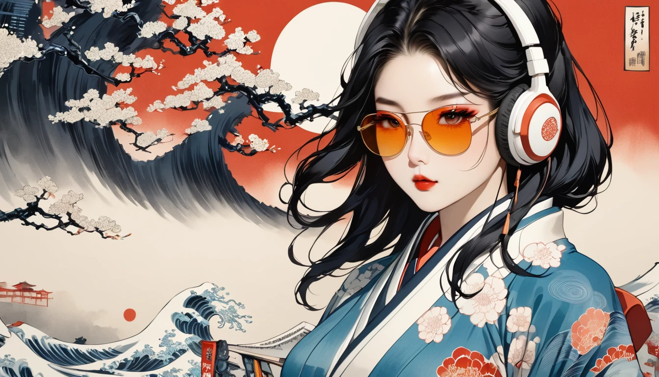 Ink Painting, (((1 girl))), (((music festival))), sunglasses, Japanese style headphones, Japanese beauty, Black Hair, big breast,Delicate and precise, Modern ukiyo-e style, vivid color