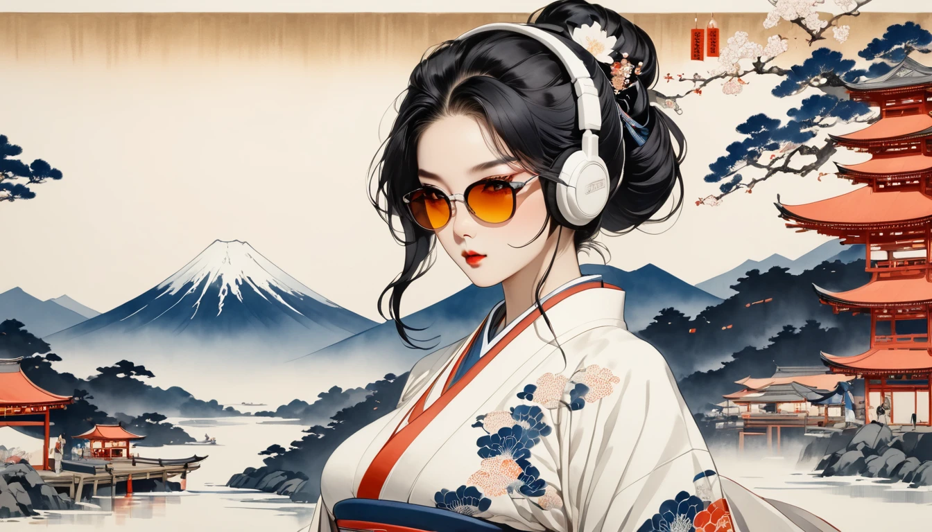 Ink Painting, (((1 girl))), (((music festival))), sunglasses, Japanese style headphones, Japanese beauty, Black Hair, big breast,Delicate and precise, Modern ukiyo-e style, vivid color