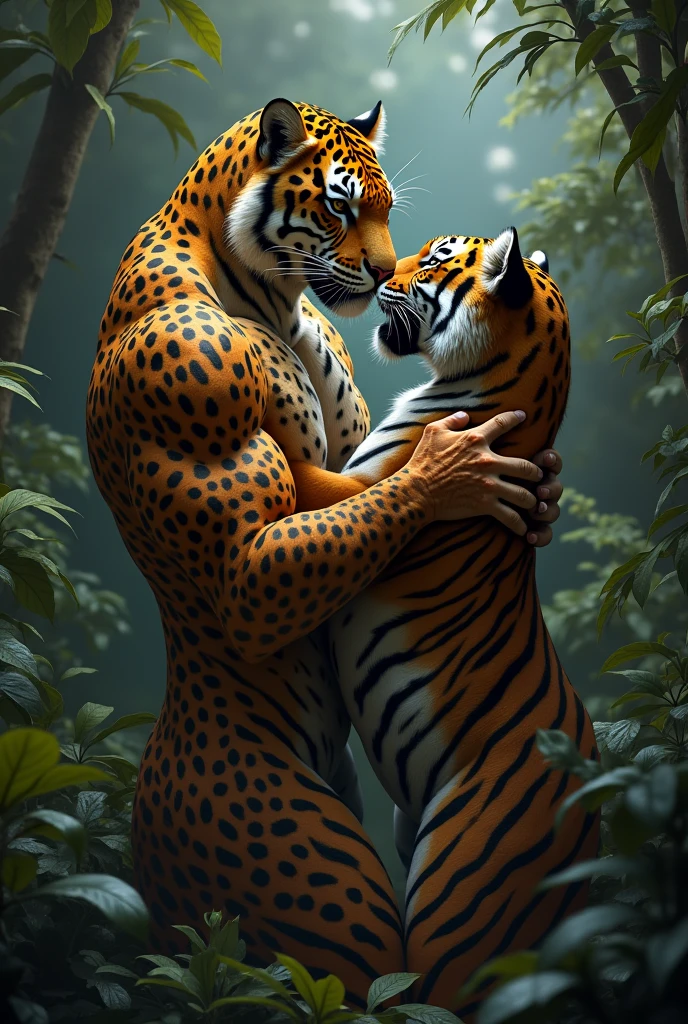 Sexy humanoid red tiger women,  and sexy humanoid blue tiger woman, intertwining their  tails with eachothers, hissing at eachother, angery snarls and their fangs showing,  tigers procreating around them