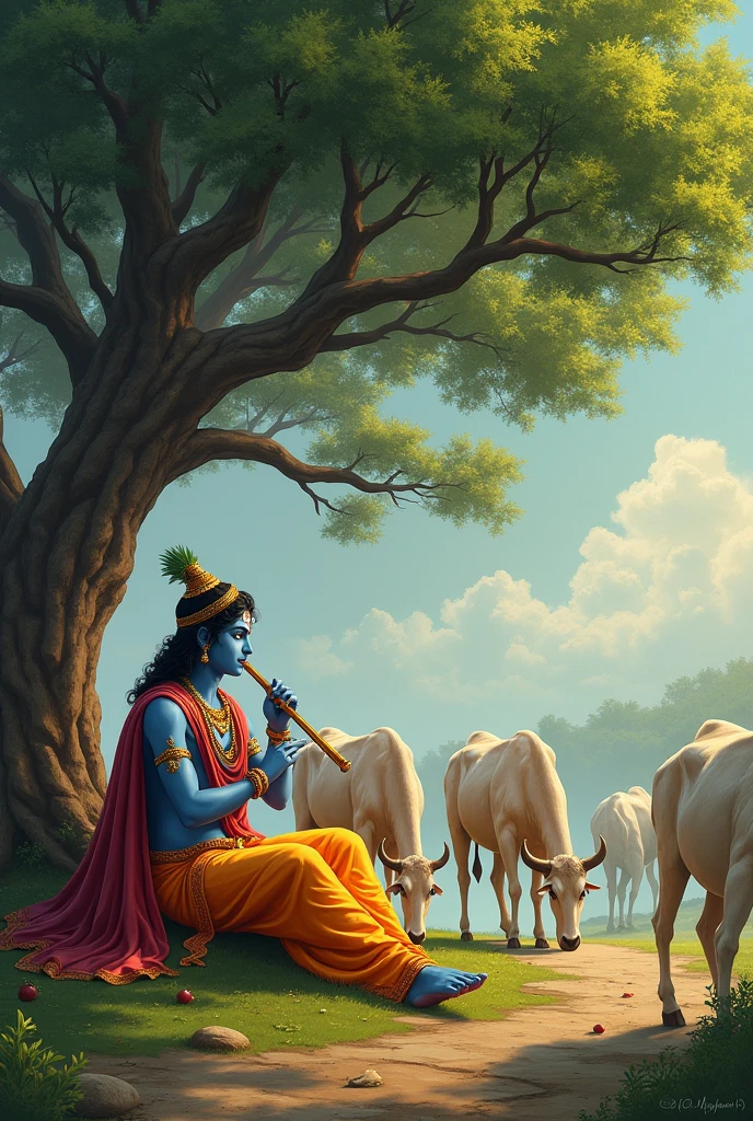 Krishna ji playing flute while sitting in the ground under the tree and 7 cows are grazing arround him.