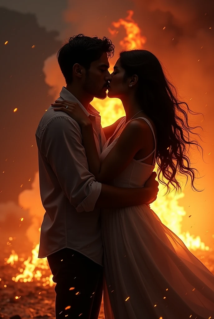 A dark-haired man and a black-haired woman kissing amidst the chaos of fire.