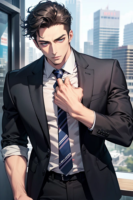 (Best Quality,4k,8k,high resolution,Masterpiece:1.2),ultra detailed,(realist,photorealist,photo-realist:1.37),1 man,31 years,mature man,very handsome,without expresion,muscled body,short gray black hair,Blue eyes,glare,perfect face without mistakes,imposing posture,businessman,office background,cinematic lighting,imagen HDR