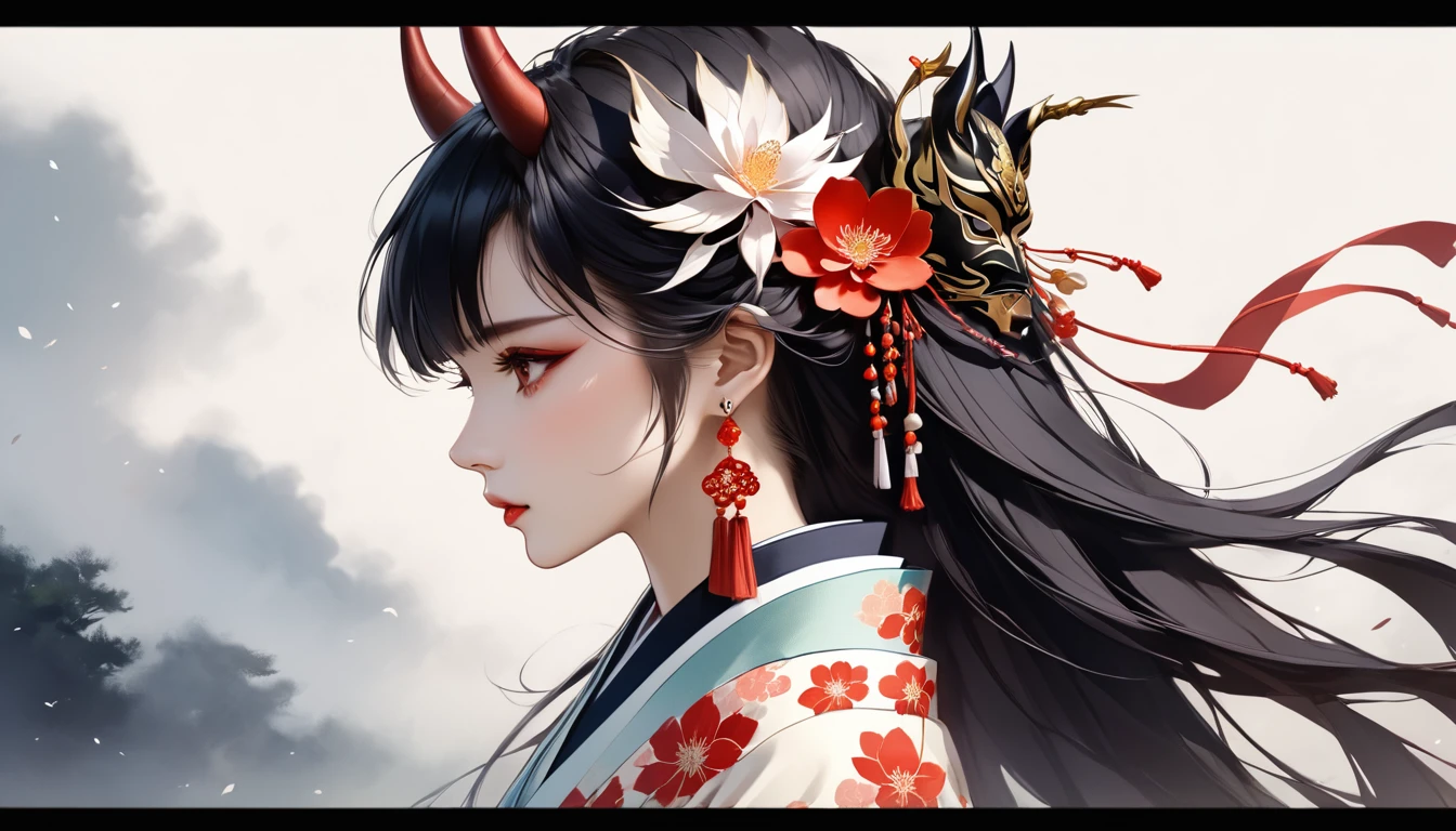 oniNFT, 1girl, solo, black hair, jewelry, earrings, mask, red eyes, japanese clothes, letterboxed, kimono, profile, mask on head, floral print, from side, horns, tassel, hair ornament