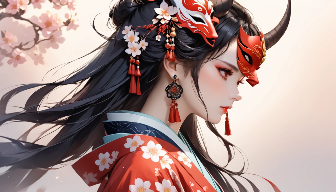 oniNFT, 1girl, solo, black hair, jewelry, earrings, mask, red eyes, japanese clothes, letterboxed, kimono, profile, mask on head, floral print, from side, horns, tassel, hair ornament