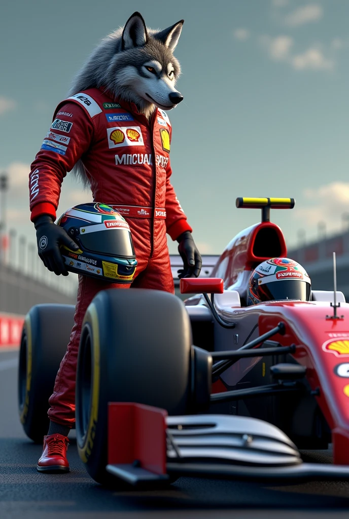 Wolf as formula one player standing with its car wearing player costume helmet is in hand 