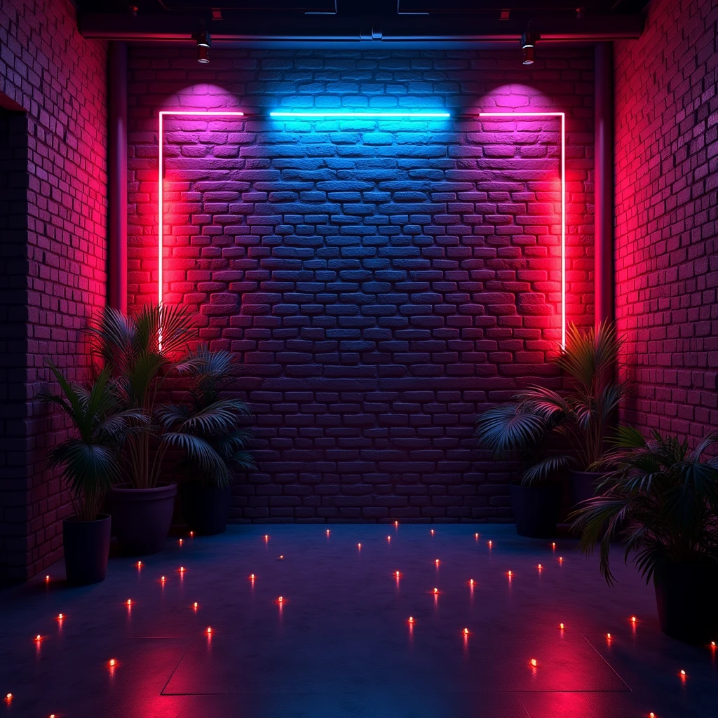 Make a   layout for  party with a brick dark and neon background and little lights. Size is 1:1  and don't put any words and number in it because I will edit it after. (No words, no letters)