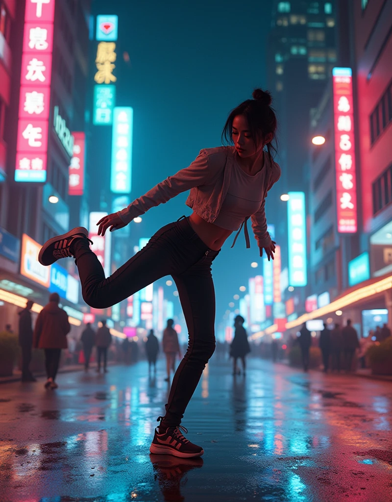 photo-realistic, dramatic scene, cinematic scene, masterpiece, (extremely beautiful Japanese boyish fat girl), professional dancer, full body, acrobatic pose, dynamic angle, breakdancing at street at night, cyber punk downtown with neon, her brilliant fantastic dance techniques, stage light, spot light, cyber punk neon marker integrated wears