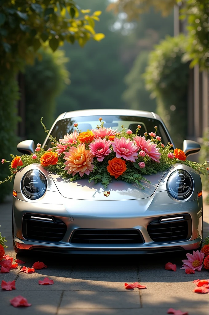 A Porsche is standing, a bunch of flowers is on over the car