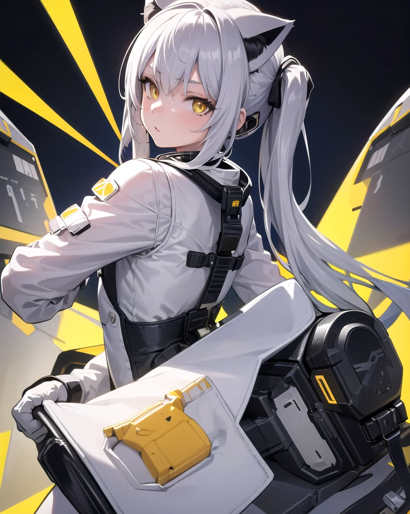 masterpiece, best quality, 1girl, spacecraft interior, spacesuit, upper body, from side, science fiction, yellow eyes, twintails, silver hair, cat ears, looking at viewer,