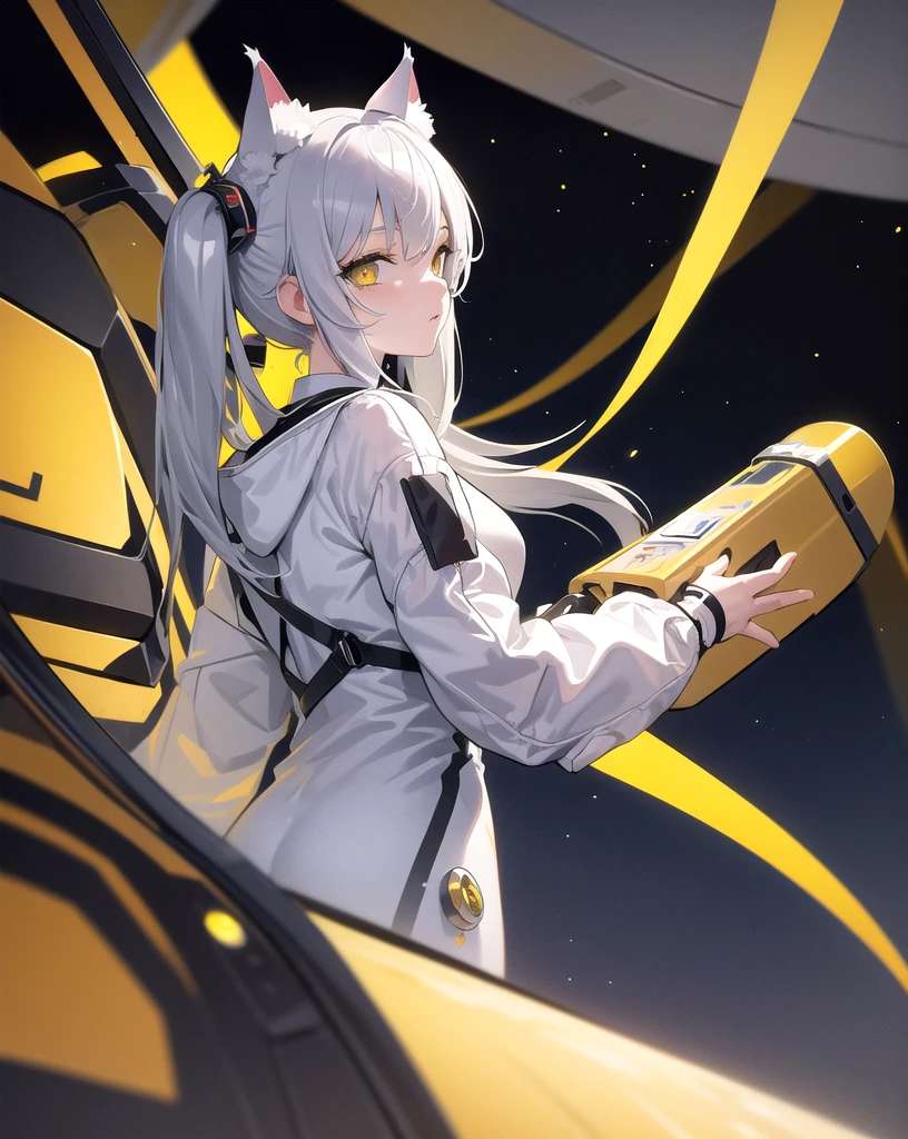 masterpiece, best quality, 1girl, spacecraft interior, spacesuit, upper body, from side, science fiction, yellow eyes, twintails, silver hair, cat ears, looking at viewer,