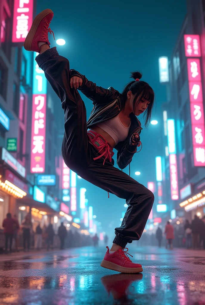 highest quality、surreal、cyberpunk city、cyberpunk edge liner、neon lights、Japanese sword、small breastodel body shape、well-groomed face、beautiful nipples、Wet and shiny white skin、plain background、Hatsune Miku,