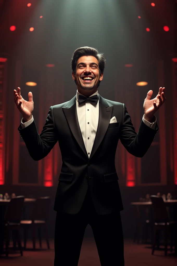 A lebanese Dean Martin in his fourties singing in a tuxedo
