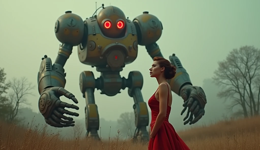 (Masterpiece.Uhd.photorealistic. Analog photography. 1950 style) The beauty and the beast in a dystopian neo retro futuristic world.The beauty is a gorgeous woman. Age 23. Wearing 1950 clothes. She’s facing the beast, a 1930 clunky and rusty giant evil war robot.red light in the eyes.