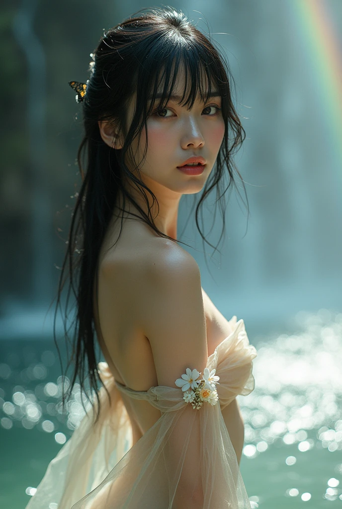 (((Full body image of a woman))),(Model shooting style), (shy), 1 girl, Lonely, Shiny black hair、 Extremely rich facial detail, Beautiful Eyes, cute, Slightly red cheeks,bright, Lonely Eyes, Stunning beauty, (Rembrandt Lighting), ARRI Lenses, Surreal, (Skin with attention to detail:1.2),4K,ARRI ALEXA LF,Promise, Dramatic Rim Light,Sparkle Effect, high quality,Very delicate and beautiful, wonderful, In detail, masterpiece, Very detailed, High resolution,Best Shot, Best Shadow,Exquisite contrast,Complex,Sharp focus, high quality, 1 Japan woman, alone.cute,Fuka Koshiba,Yuki Sakurai,Magnificent waterfalls,(water droplets,rainbow),Mist-like droplets,Wet,Lens flare,No sleeve,Frills,Beautiful breasts,Swallowtail butterfly,A butterfly flutters,Cool eyes,Glossy Lips,An ennui smile,Glowing Skin,Transparent skin,From above,Open your arms,Waistline,Beautiful nipples,((No shirt, Very good, Naked underneath, Bare chest, Barely covering her nipples)),((Wet, Her clothes are transparent, Her body and skin sweat)),((View from the rear, From above見た図, Bare back)),Bloom, Flowers are blooming everywhere,Front blur,ARRI 35mm Lens flare,Sparkling Eyes,Vivid Rouge