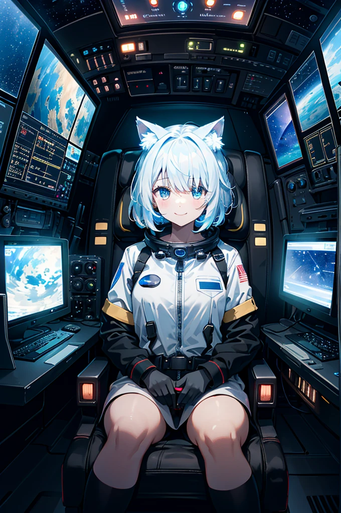 1girl, RGB multicolor luminous connected device fixed seated woman operating (familiar face), cat ears, side table, spacecraft, airspeed indicator, altimeter, horizon, heading, direction indicator, altimeter , toggle switches, aircraft control levers, multicolor function displays, seat belts, front protective glass, side protective glass, outer space. (Enlarged photo of spaceship cockpit: 1.5x) smile, A fantasy world, the magnificent and charming Celestia, and a cute world.